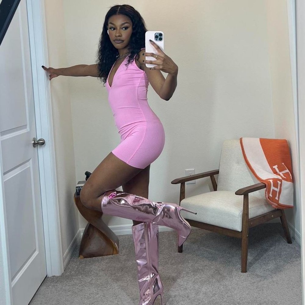 Pink metallic pointy toe knee high boots
